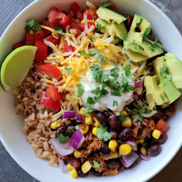 Colorful vegetarian burrito bowl topped with queso fresco, sour cream, and fresh cilantro on a textured ceramic plate.  