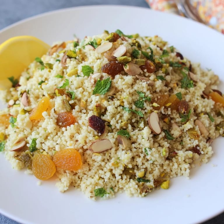 Couscous pilaf with golden raisins and apricots, garnished with mint and lemon wedges, ready to serve alongside grilled chicken.