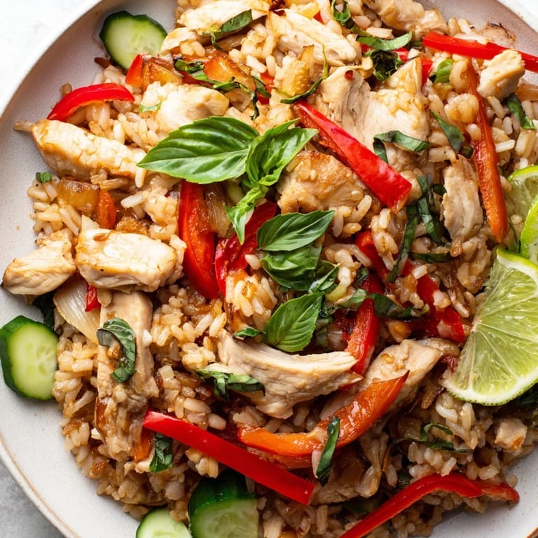 Aromatic Thai Basil Chicken Fried Rice features tender chicken, holy basil, and chili slices, with lime wedges ready for squeezing over the top.