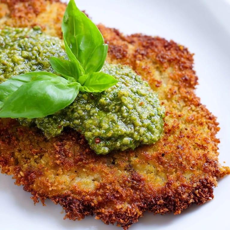 Crunchy pesto chicken cutlets plated with a dollop of herb pesto, perfect alongside a simple green salad for weeknights.