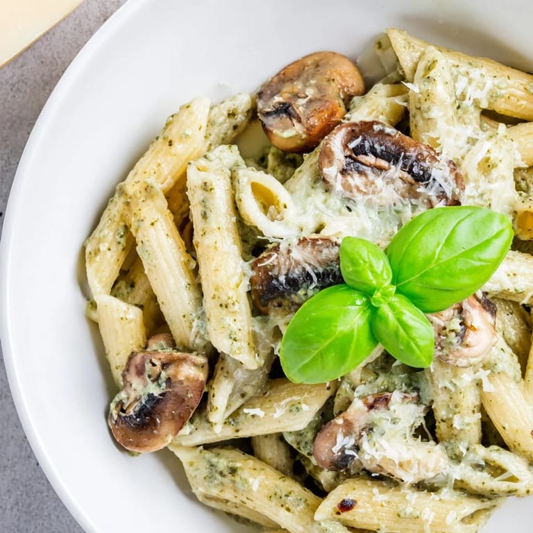Close-up of Mushroom Pesto Pasta featuring tender mushrooms and vibrant basil pesto on al dente noodles.