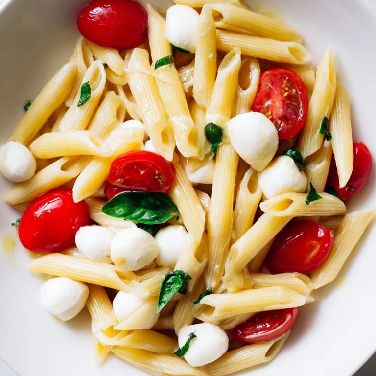 A close-up of Caprese Salad Pasta shows glistening olive oil, torn basil, and bocconcini nestled in short pasta, with balsamic glaze drizzled across.