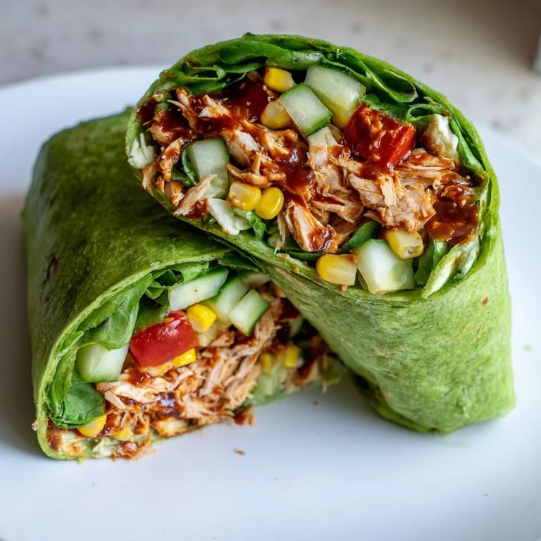 A close-up view of a BBQ Chicken Salad Wrap on a rustic wooden board, with creamy dressing drizzled over corn and cucumber, ready for a quick lunch.  