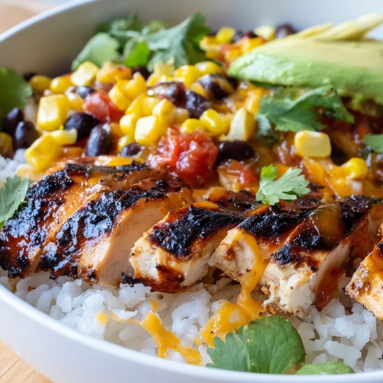 A vibrant Tex-Mex burrito bowl featuring fluffy rice, spicy grilled chicken, black beans, and colorful toppings.