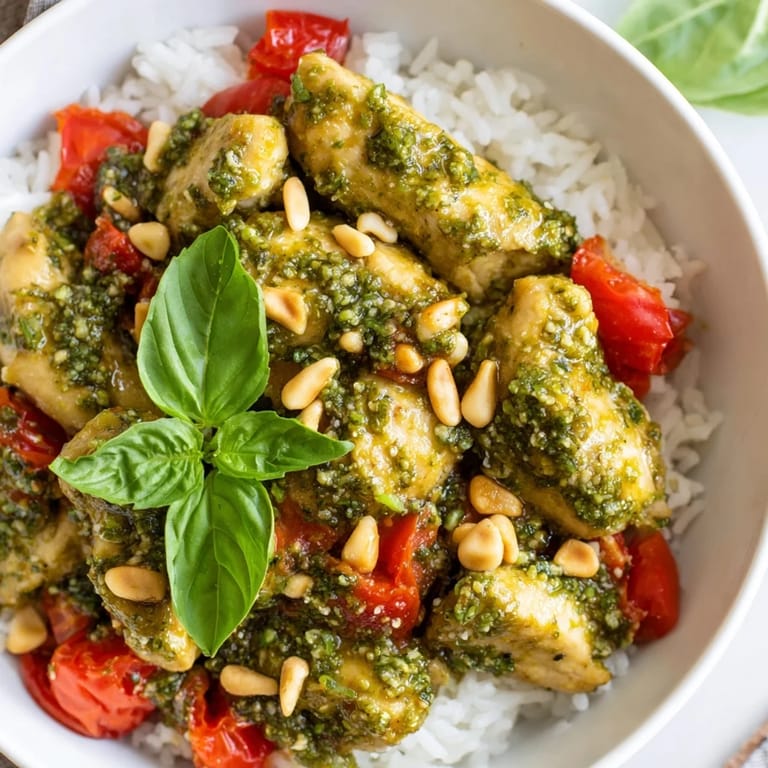 Tender chicken breast tossed in basil pesto over warm white rice, topped with diced tomatoes and pine nuts.