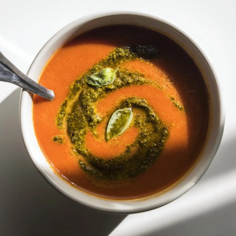 A close-up of creamy Tomato Soup with Basil Pesto Swirl, vibrant green swirl on a rich red base.