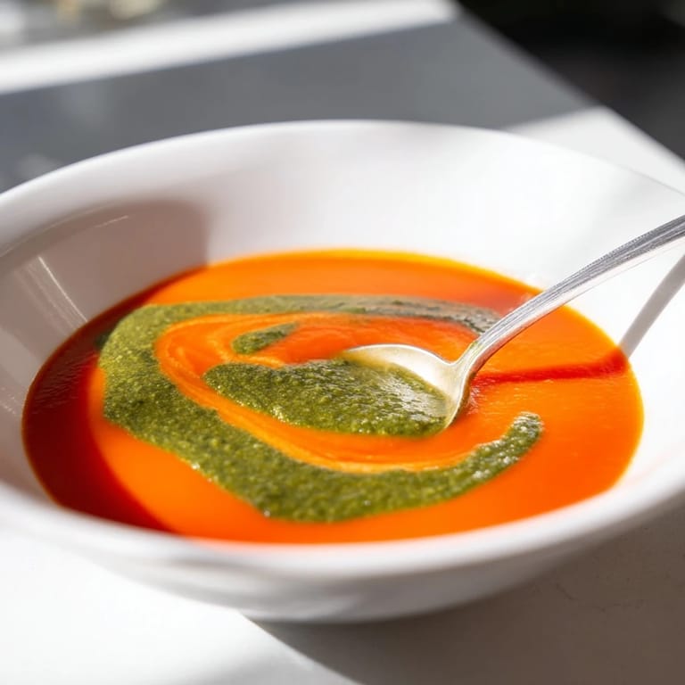 Rich Tomato Soup with Basil Pesto Swirl in a rustic bowl, ready to enjoy with a grilled cheese sandwich.