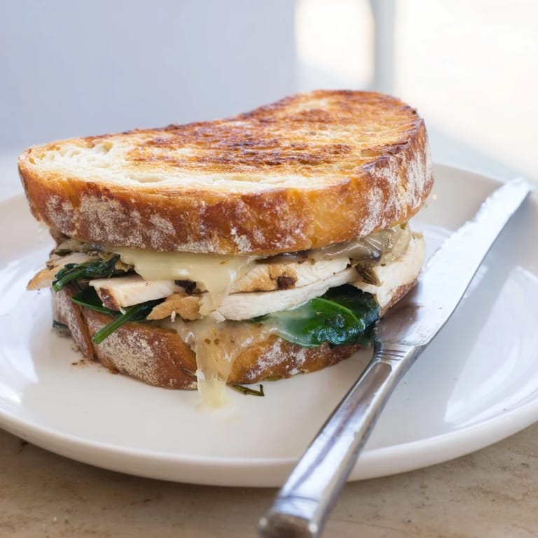 The pressed Grilled Chicken Spinach Panini shows crispy garlic-buttered bread and vibrant green spinach, ready to be enjoyed.