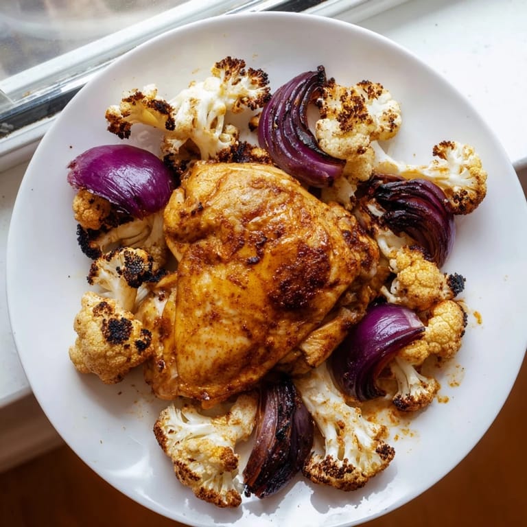 A close-up of golden roasted cauliflower and juicy chicken thighs from the oven, garnished with parsley and served with rice and lemon wedges.