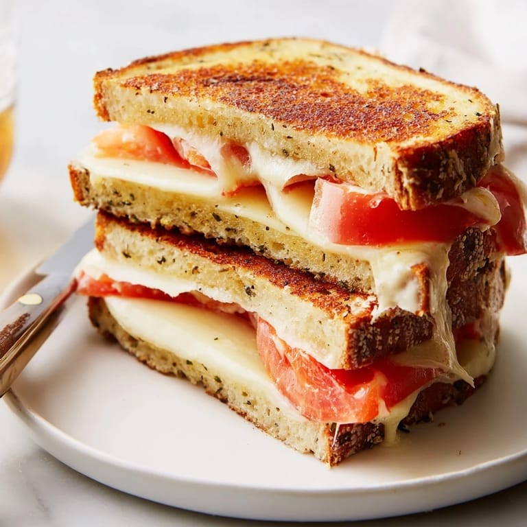 Steaming Pepper Jack & Tomato Grilled Cheese on a rustic plate, highlighting the spicy pepper jack and ripe tomatoes.