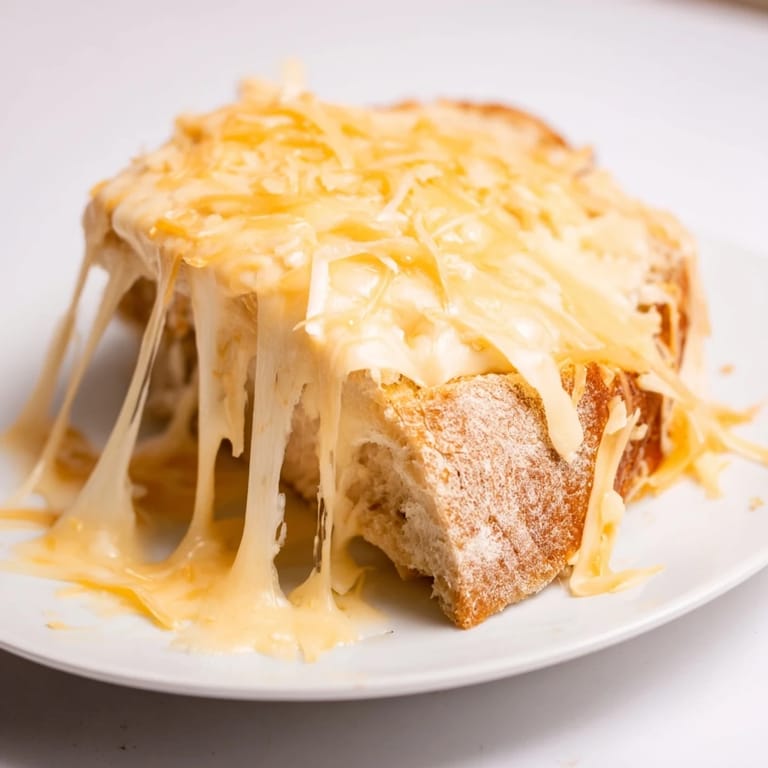 A close-up of a Triple Cheese Sourdough Grilled Cheese, showcasing melty cheese stretching between buttery, golden-brown sourdough slices.  