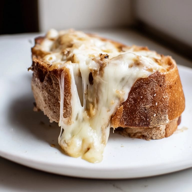 Served hot and cut diagonally, this Triple Cheese Sourdough Grilled Cheese offers a comforting, melty bite perfect with a side of tomato soup.