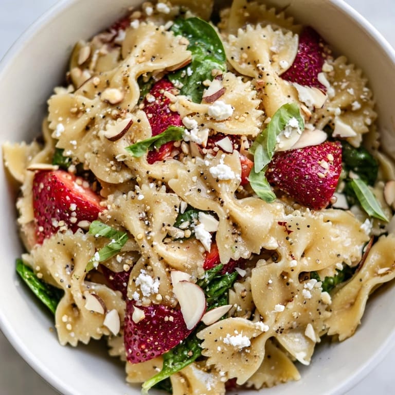 Colorful bowl of Spring Spinach Strawberry Pasta Salad featuring juicy strawberries, tender pasta, and a honey-apple cider poppy seed dressing.