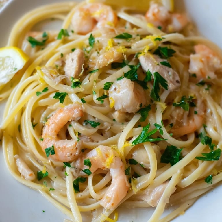 A close-up of Lemon Garlic Shrimp & Chicken Pasta showcases fresh parsley and lemon wedges beside a forkful of saucy, garlicky noodles.