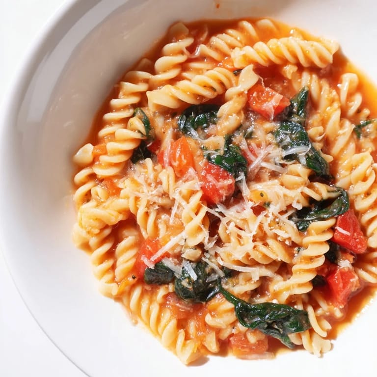 Fresh baby spinach and ripe tomatoes tossed with al dente rotini in this easy one-pot Italian-inspired pasta.  