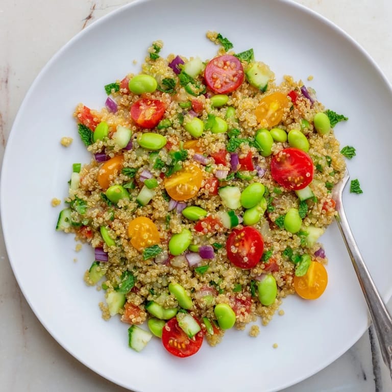 Healthy Edamame and Quinoa Salad served in a white bowl, garnished with fresh mint and parsley.