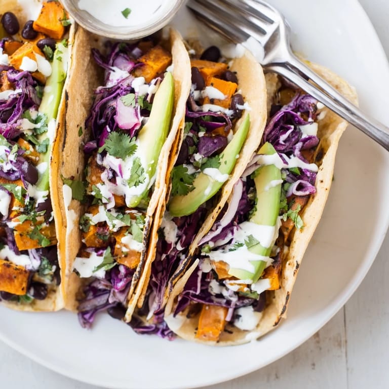 Plant-based Black Bean and Sweet Potato Tacos with lime wedges and vegan feta on a rustic plate.