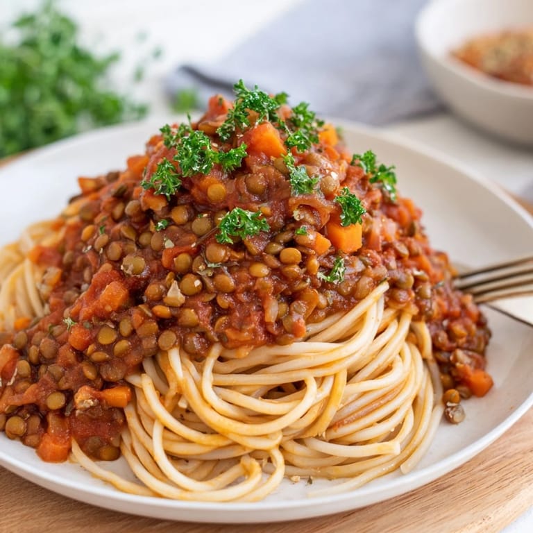 Sautéed vegetables form the base of a savory Lentil Bolognese, packed with lentils and ready to toss with spaghetti for dinner.