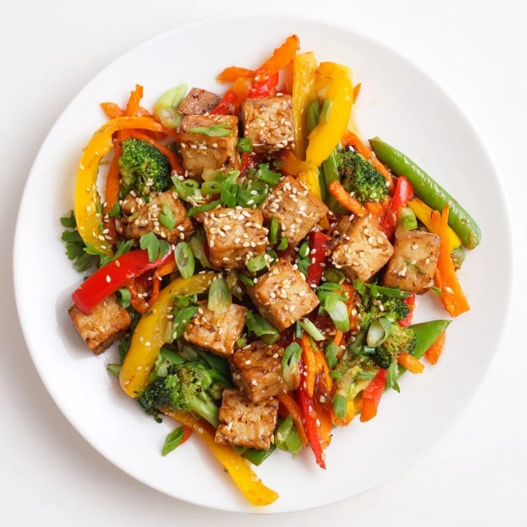 A close-up of steaming Vegetable Tempeh Stir-Fry reveals glistening, colorful vegetables coated in a glossy sesame soy sauce, garnished with fresh cilantro and sesame seeds.