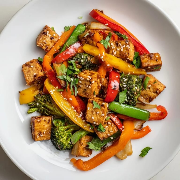 Overhead view of a weeknight Vegetable Tempeh Stir-Fry served in a white bowl, surrounded by chopsticks and a small dish of extra sauce for dipping.
