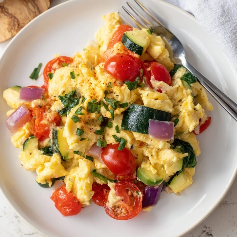 Golden fluffy Egg and Vegetable Scramble served in a skillet, garnished with fresh chives and parsley.
