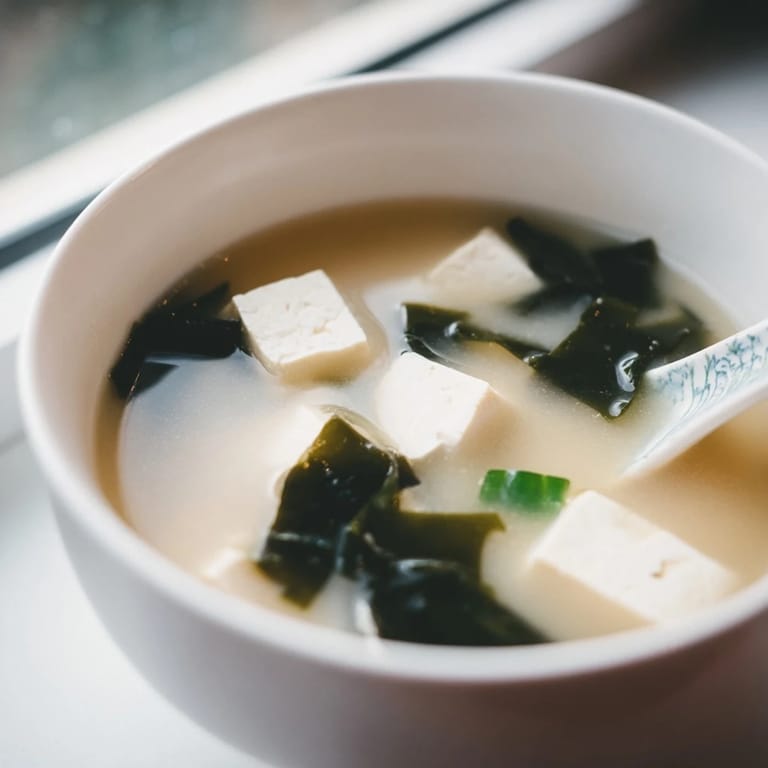 Close-up of homemade Japanese miso soup with silky tofu, wakame, and sliced green onions, ready to enjoy as a comforting light meal.