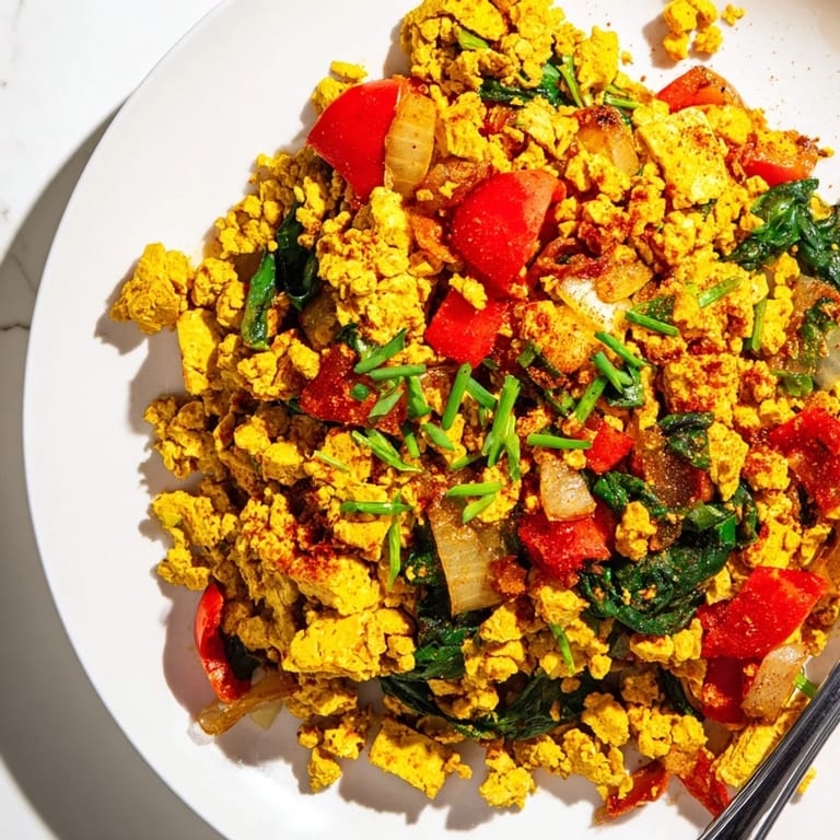 A close-up of fluffy, turmeric-seasoned tofu scramble with tomato, spinach, and nutritional yeast, served beside a slice of whole-grain toast for a hearty vegan brunch.