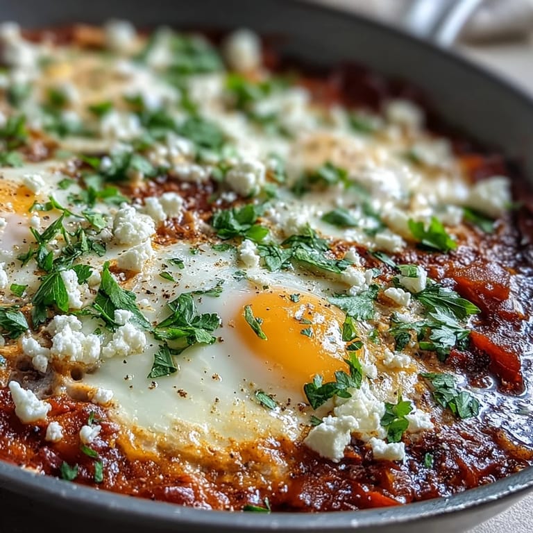 Shakshuka eggs simmering in a spiced tomato and pepper sauce, garnished with fresh parsley and ready to serve with warm pita.