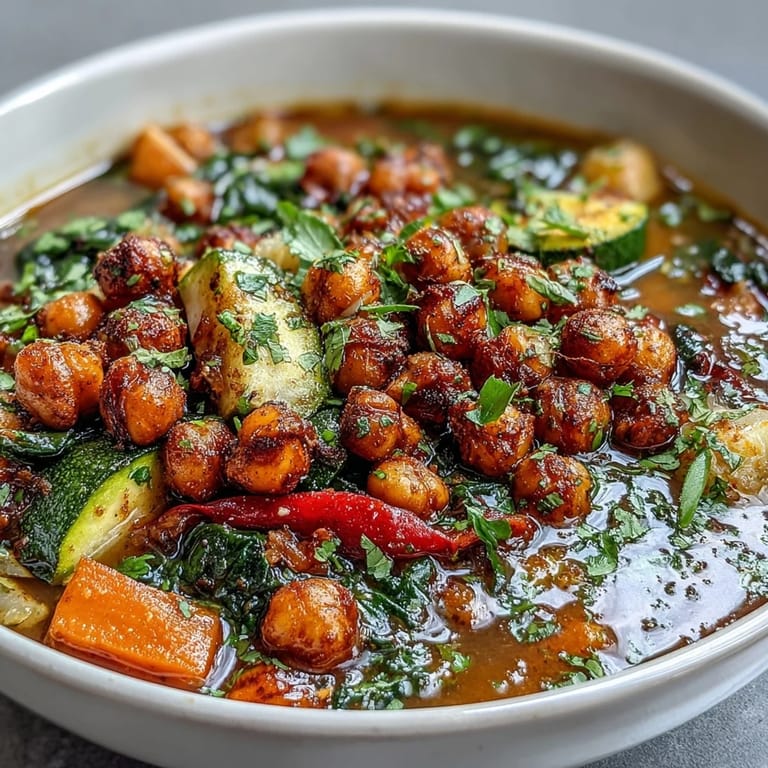 Hearty Spiced Chickpea and Vegetable Soup served in a rustic bowl topped with fresh cilantro.