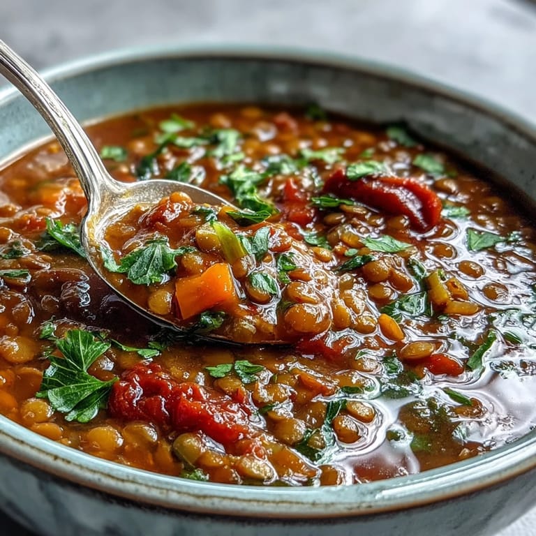 Steaming Tomato Lentil Soup in a white bowl, highlighting the vibrant red broth and tender lentils.