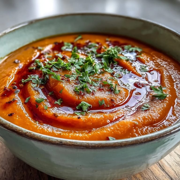Creamy Roasted Vegetable Soup with golden-roasted carrots, sweet potatoes, and bell peppers on a baking sheet.