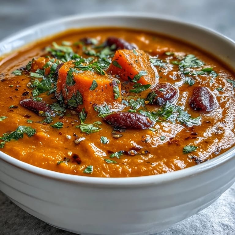 Vibrant sweet potato and black bean soup in a rustic bowl, steam rising from the chunky, spiced broth with colorful vegetables and beans.