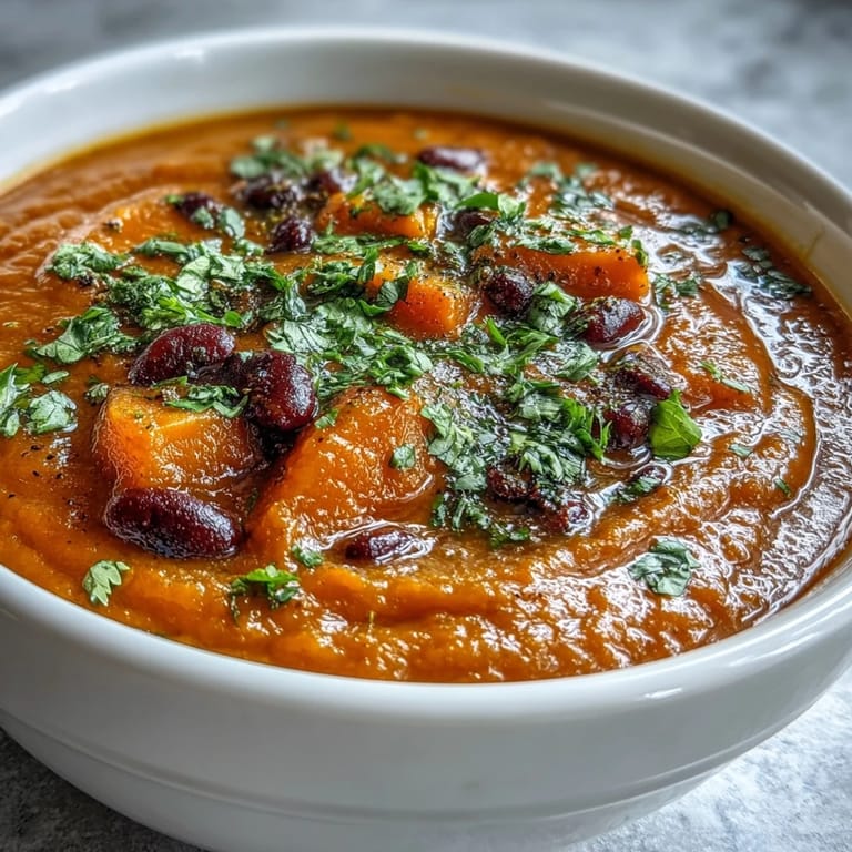 A hearty bowl of sweet potato and black bean soup garnished with diced avocado and a lime wedge, served alongside warm crusty bread for dipping.