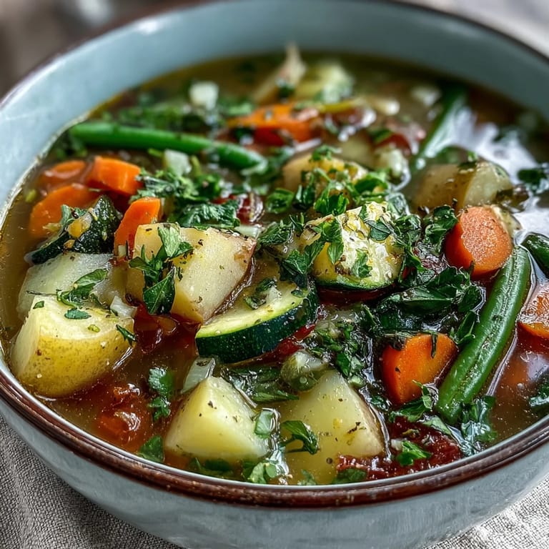 Hearty Potato and Vegetable Soup simmering in a large pot on the stove, featuring zucchini and green beans with a wooden ladle ready to serve.
