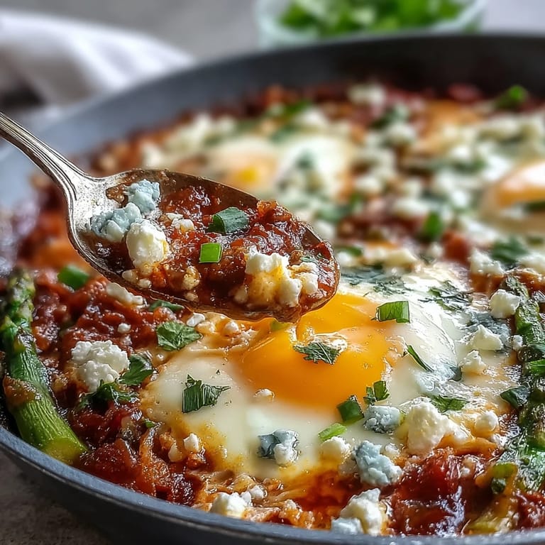 Bright green peas and broad beans nestled in a lightly spiced tomato sauce, making a vibrant vegetarian shakshuka topped with fresh parsley.
