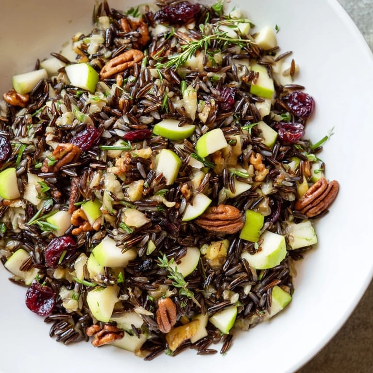 A close-up of the Wild Rice Harvest Salad with fresh herbs and zesty vinaigrette.