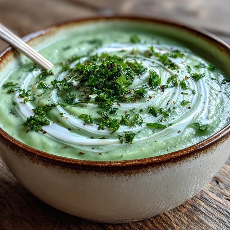 Close-up of Creamy Celery and Herb Soup, showing its silky-smooth texture and a swirl of rich cream on top.