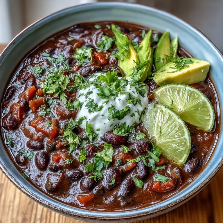 Creamy Black Bean Soup topped with sliced avocado and a squeeze of fresh lime.