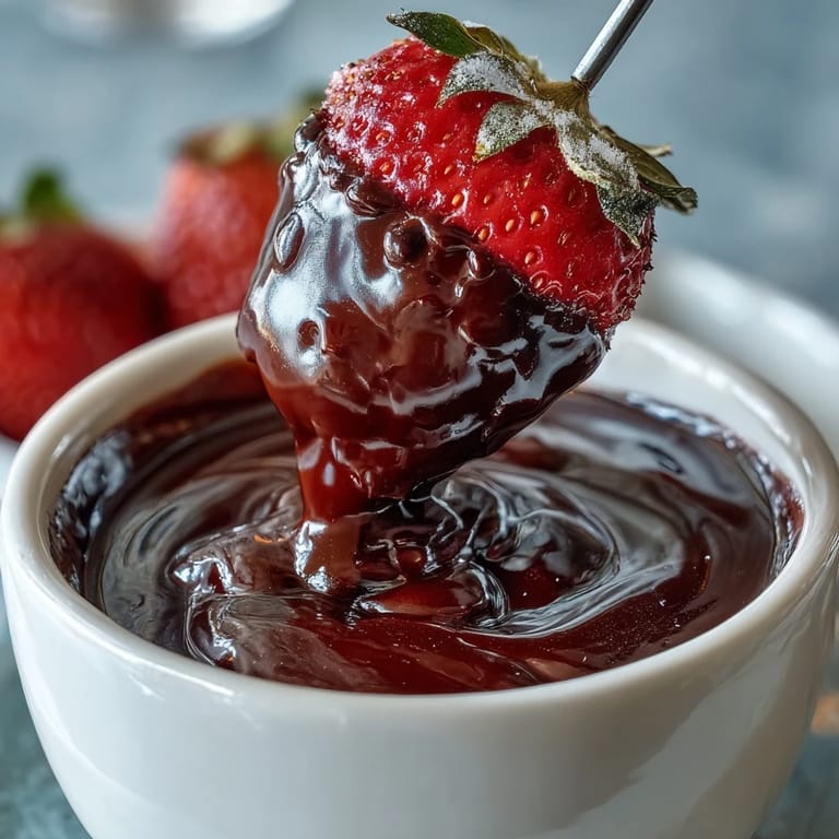 Close-up of creamy boozy chocolate fondue with a glossy texture, ready to be enjoyed with fruit and pastry dippers.