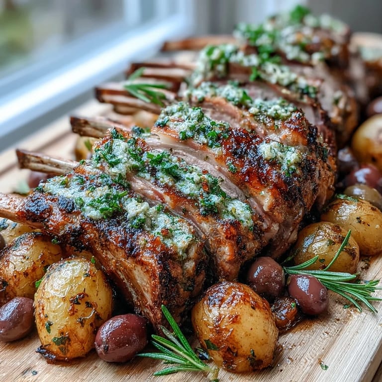 Aromatic rosemary-rubbed lamb chops arranged over paprika-seasoned potatoes and briny green olives, perfect for a romantic dinner for two.