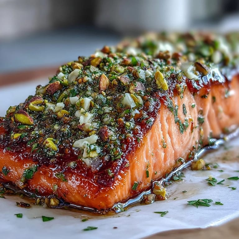 Tahini, pistachio, and herb crust adds vibrant green texture to golden, poached Confit Salmon With Tahini, Pistachio and Herb Crust fillets.