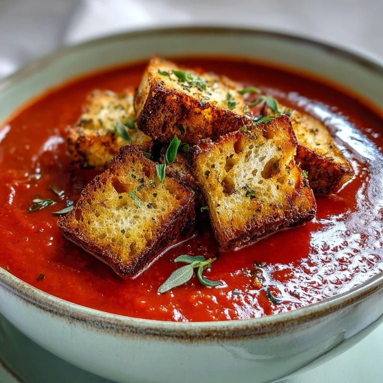 Two bowls of Roasted Red Pepper Soup With Crispy Croutons served with crusty bread on a rustic wooden table.