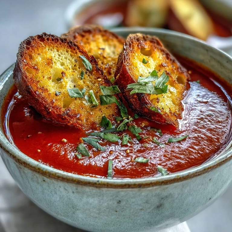 Immersion blender puréeing roasted red peppers and onions for a silky Roasted Red Pepper Soup With Crispy Croutons.