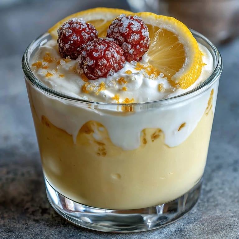 Silky Lemon Fool in a clear bowl, with a dollop of whipped cream and a citrus twist garnish.