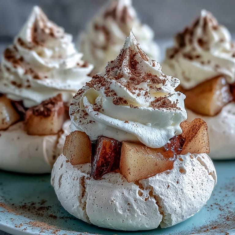 Crisp Mini Hot Toddy Pavlovas are filled with whipped cream and whisky-poached pear chunks.