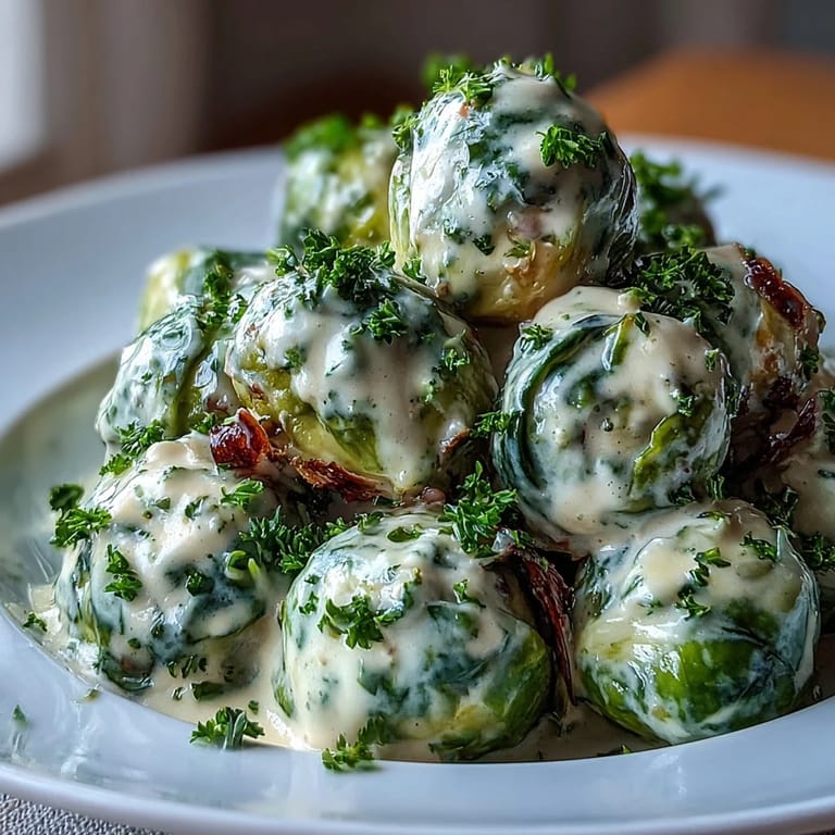 Green Brussels sprouts in a rich, tangy cream cheese-mustard sauce, garnished with fresh parsley for dinner.