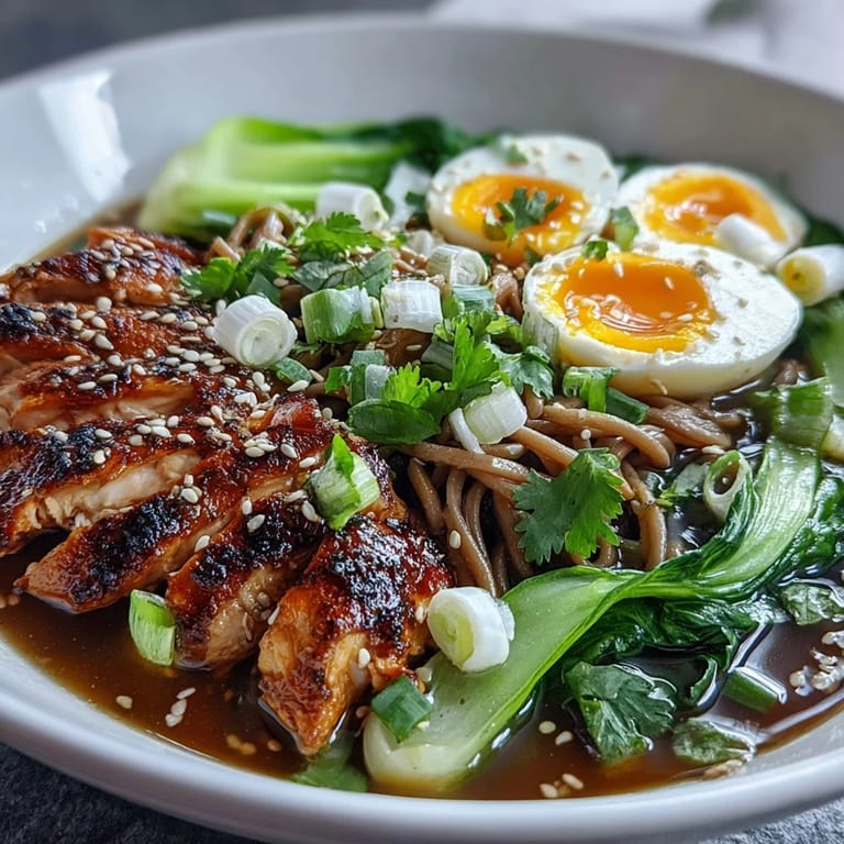 Freshly prepared Healthy Miso Chicken Noodle Bowls garnished with scallions, nori strips, and cilantro, showcasing tender chicken and crisp greens in a miso-infused broth.