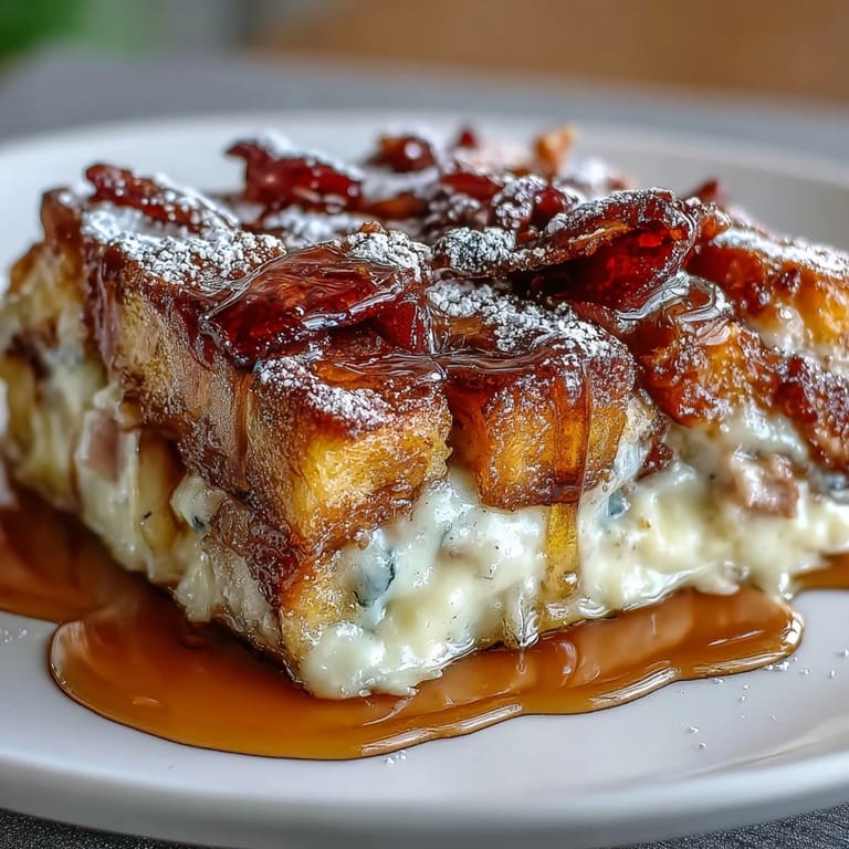 Close-up view of a slice of Monte Cristo Breakfast Casserole revealing fluffy eggs, cinnamon-soaked bread, and melted cheese.