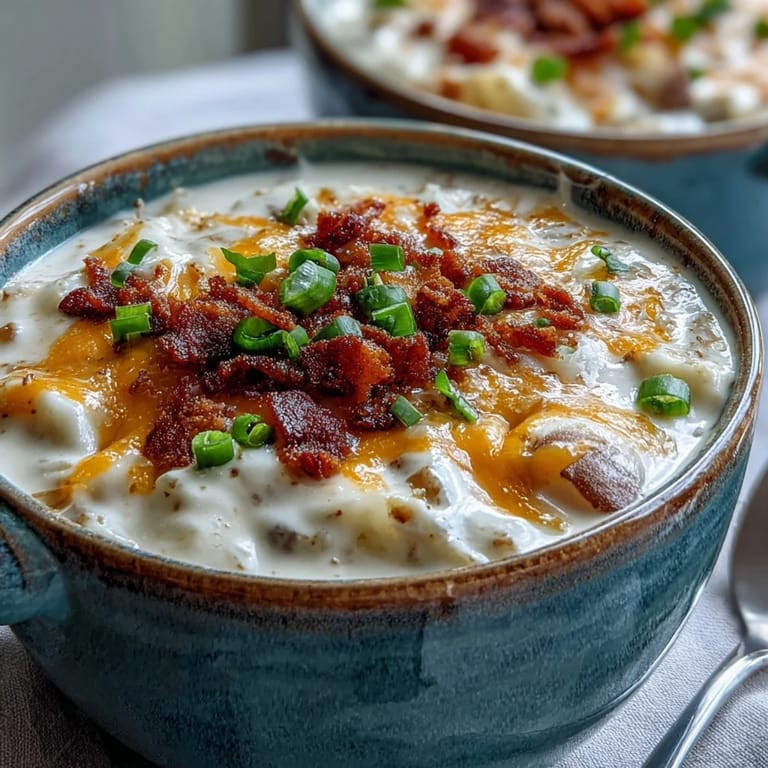 Hearty Loaded Potato Soup served with crunchy bacon crumbles and green onions, ready to enjoy with crusty bread.