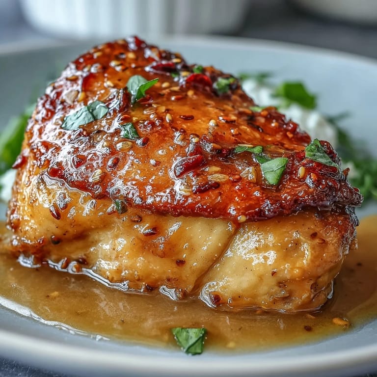 Gluten-free Slow Cooker Honey Mustard Chicken resting in a thick, glossy sauce, garnished with fresh parsley and paired with roasted root vegetables.